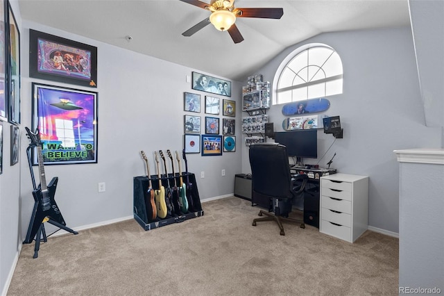 office space featuring ceiling fan, baseboards, carpet flooring, and lofted ceiling