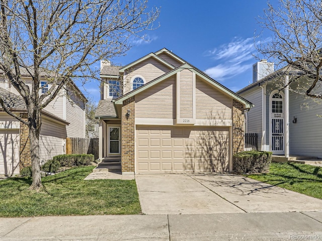 traditional home featuring an attached garage, a chimney, fence, concrete driveway, and brick siding