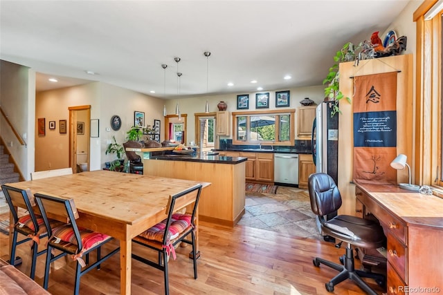 228 Glacier Ridge Rd, Alma, CO 80420 - dining space featuring recessed lighting, stairway, and light wood finished floors