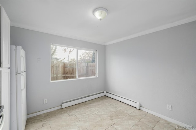 unfurnished room featuring crown molding and baseboard heating