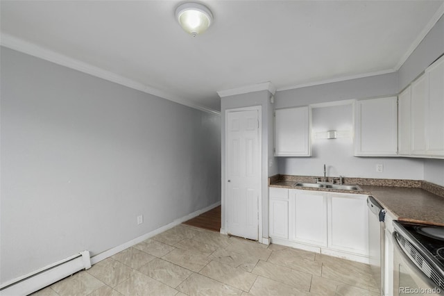 kitchen with sink, appliances with stainless steel finishes, a baseboard heating unit, ornamental molding, and white cabinets