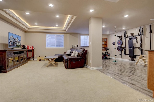 living area featuring light carpet, a raised ceiling, and crown molding