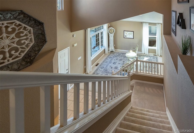 stairway with a towering ceiling