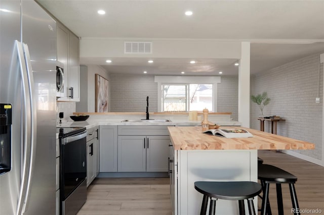 kitchen with visible vents, butcher block countertops, a sink, a kitchen breakfast bar, and appliances with stainless steel finishes