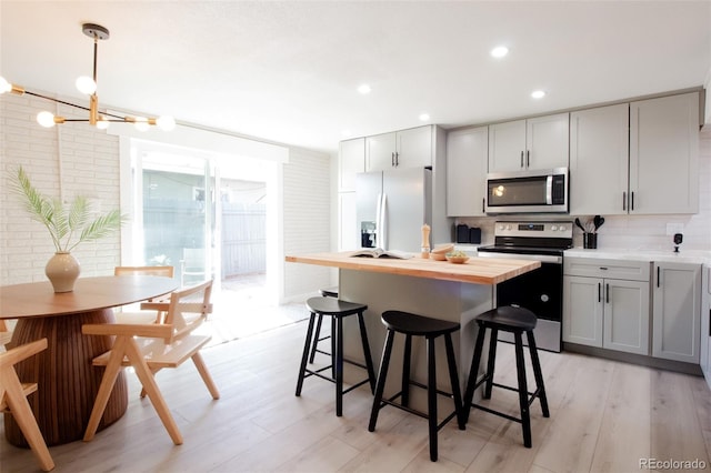 kitchen with gray cabinetry, light wood-type flooring, appliances with stainless steel finishes, and butcher block counters