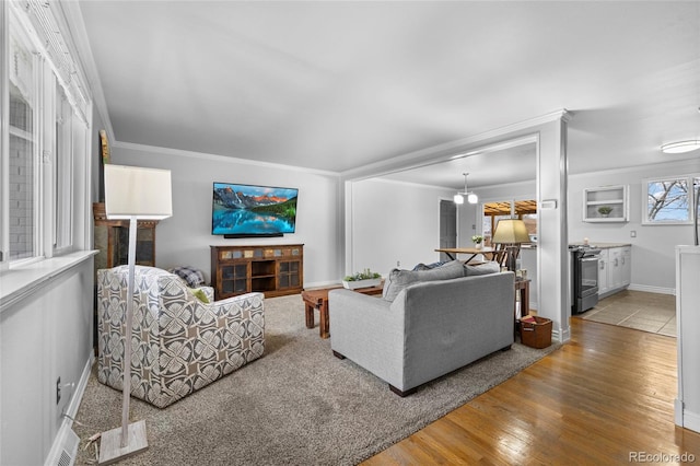 living area with wood finished floors, baseboards, and ornamental molding