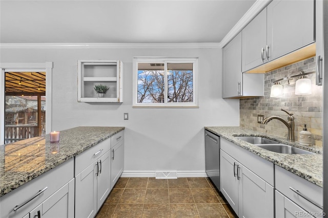 kitchen featuring visible vents, ornamental molding, a sink, stainless steel dishwasher, and backsplash