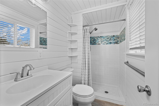 full bath with a wealth of natural light, a shower stall, toilet, and vanity