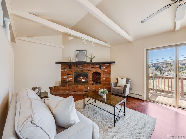 living room featuring baseboard heating, a fireplace, lofted ceiling with beams, and brick floor