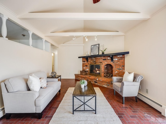 living area featuring vaulted ceiling with beams, a fireplace, brick floor, and baseboard heating