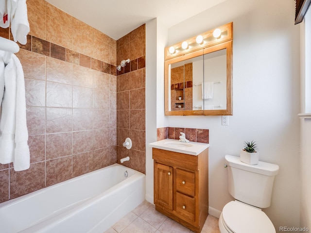 bathroom with vanity, shower / tub combination, toilet, and tile patterned floors