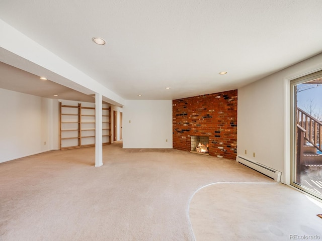 interior space featuring light carpet, baseboard heating, and recessed lighting