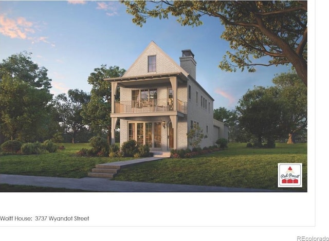 3737 Wyandot St, Denver, CO 80211 - view of front of house with a balcony, brick siding, a chimney, and a front yard