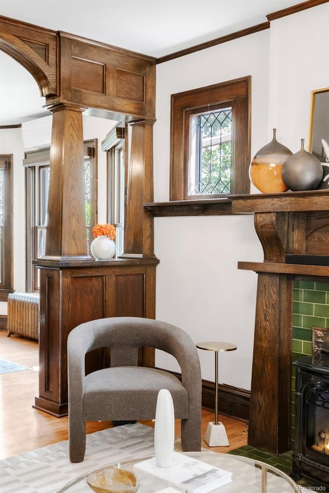 1220 S Vine St, Denver, CO 80210 - bar area featuring light wood-style flooring, radiator heating unit, and ornamental molding