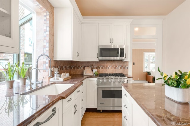 1220 S Vine St, Denver, CO 80210 - kitchen featuring appliances with stainless steel finishes, a sink, white cabinets, backsplash, and stone countertops