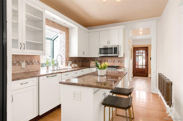 1220 S Vine St, Denver, CO 80210 - kitchen featuring stainless steel microwave, a sink, radiator heating unit, a center island, and healthy amount of natural light