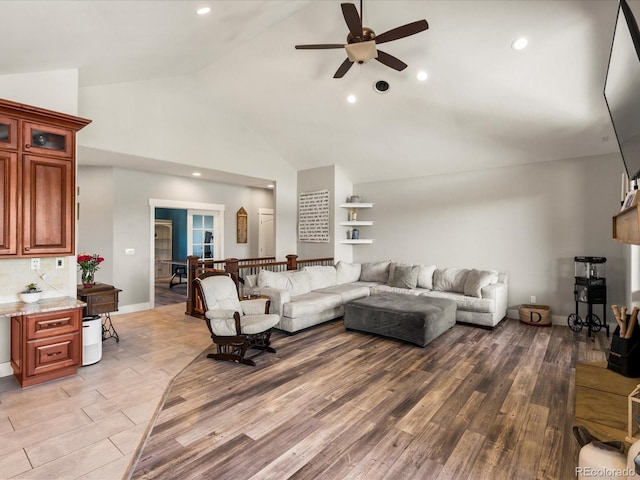 1505 Castlecombe Ln, Monument, CO 80132 - living area with ceiling fan, high vaulted ceiling, light wood-type flooring, and recessed lighting