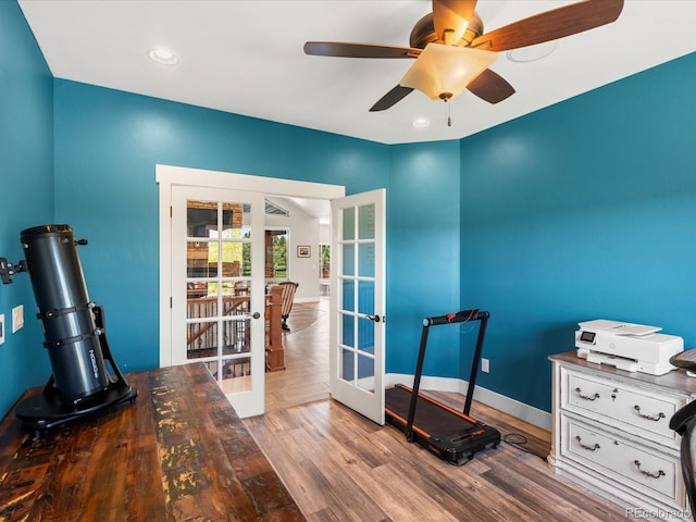 1505 Castlecombe Ln, Monument, CO 80132 - office area featuring french doors, ceiling fan, wood finished floors, baseboards, and recessed lighting