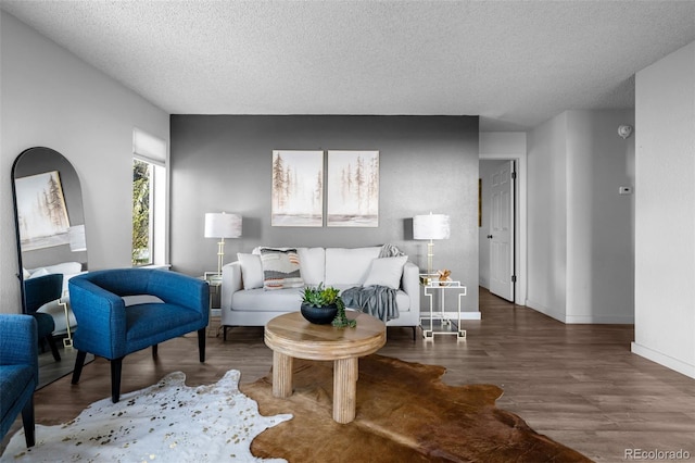 living area featuring a textured ceiling, wood finished floors, and baseboards