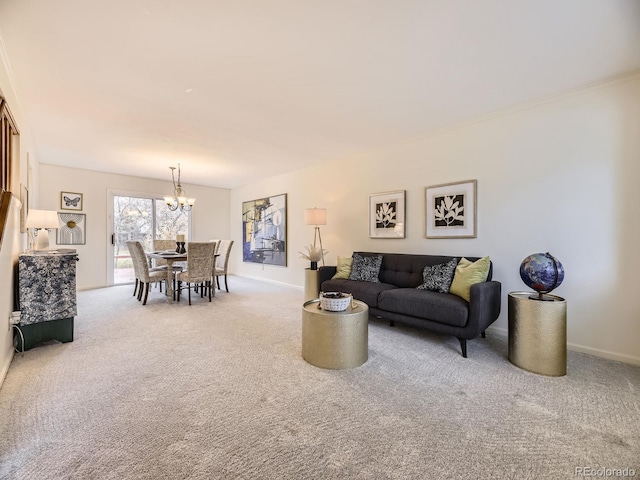 carpeted living room with an inviting chandelier