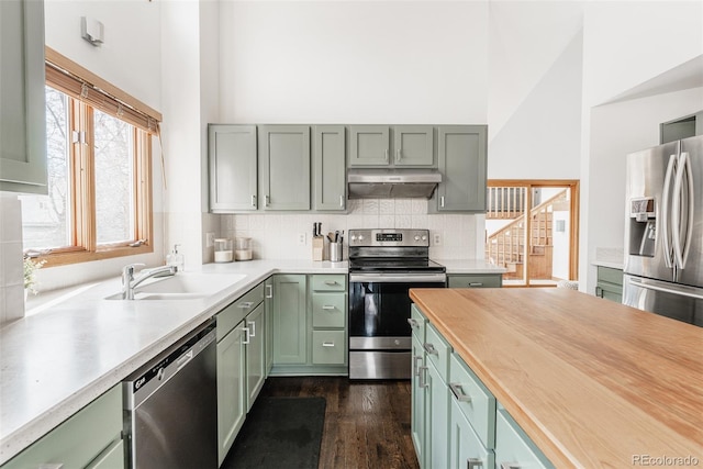 kitchen with green cabinetry, appliances with stainless steel finishes, a sink, and under cabinet range hood