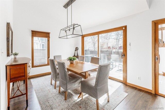 dining room with a towering ceiling, baseboards, and wood finished floors