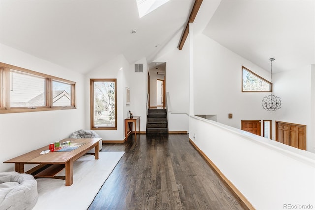 corridor featuring vaulted ceiling with beams, visible vents, baseboards, stairway, and dark wood finished floors