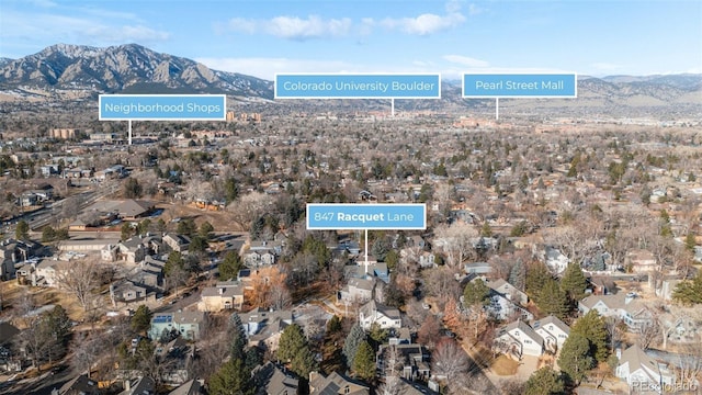 drone / aerial view featuring a residential view and a mountain view