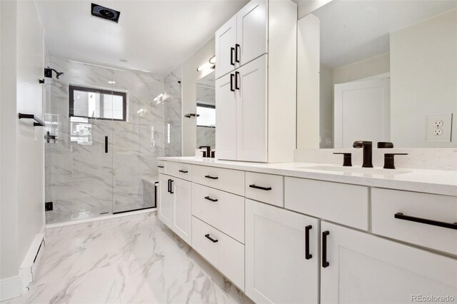 1563 N Hooker St, Denver, CO 80204 - bathroom featuring marble look tiles, double vanity, a baseboard heating unit, a marble finish shower, and baseboards