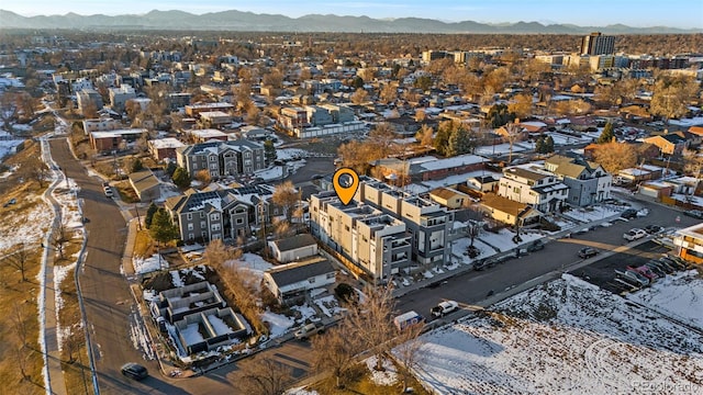 drone / aerial view featuring a mountain view