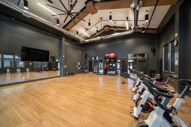 22374 E 49th Pl, Aurora, CO 80019 - workout area featuring high vaulted ceiling and wood finished floors