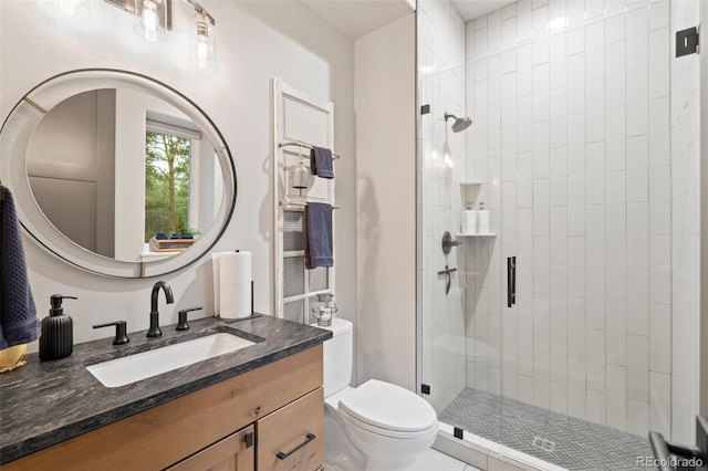 full bathroom featuring toilet, a stall shower, and vanity