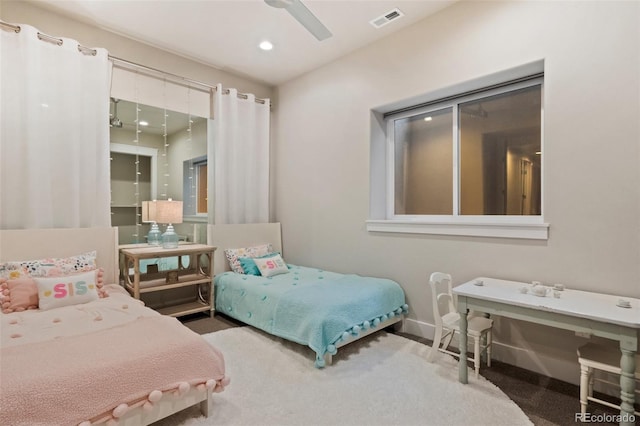 bedroom with recessed lighting, visible vents, ceiling fan, and baseboards