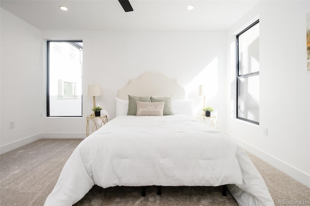 3433 Lawrence St Unit 1, Denver, CO 80205 - bedroom with carpet floors, baseboards, a ceiling fan, and recessed lighting