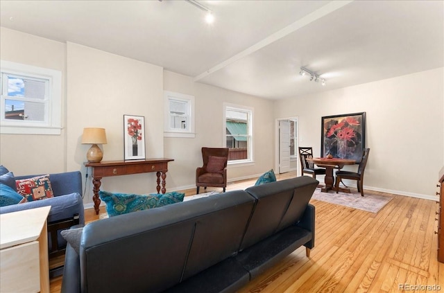 living room with track lighting, light wood-style flooring, and baseboards