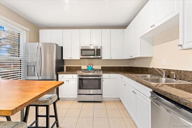 kitchen featuring stainless steel appliances, a sink, white cabinetry, and dark countertops