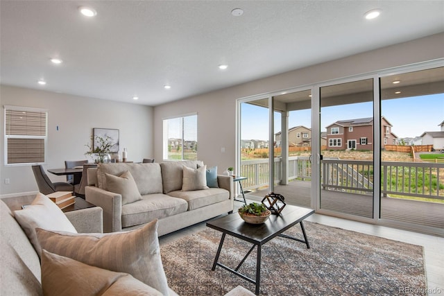 13351 E 100th Pl, Commerce City, CO 80022 - living room featuring recessed lighting, baseboards, and wood finished floors