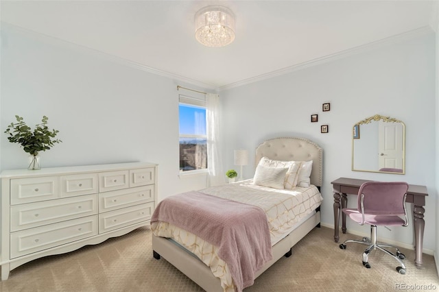 bedroom featuring light carpet and crown molding