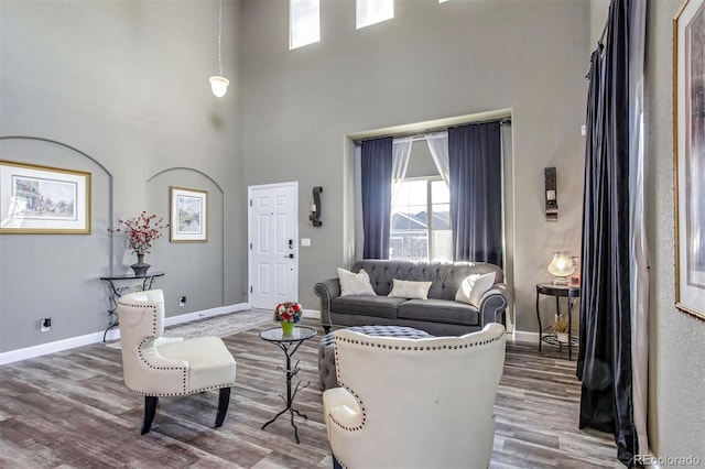 living room featuring a towering ceiling and hardwood / wood-style flooring