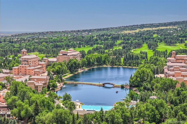 birds eye view of property with a water view and a wooded view