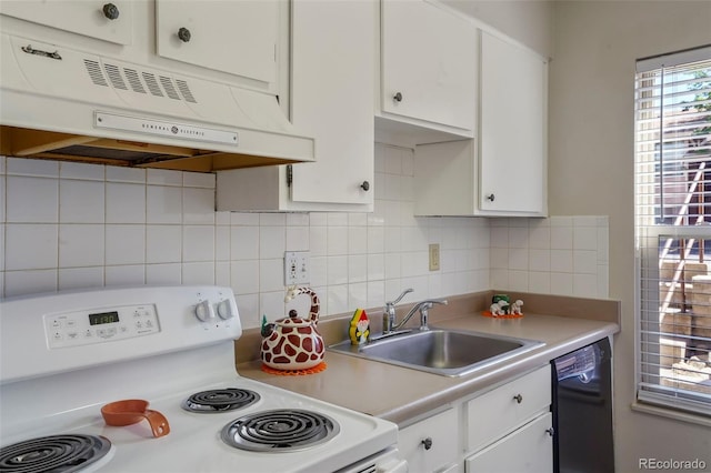 kitchen with a sink, white cabinets, light countertops, white range with electric stovetop, and dishwasher