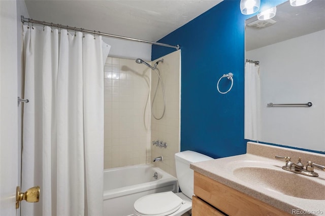 full bathroom featuring shower / bath combination with curtain, visible vents, vanity, and toilet