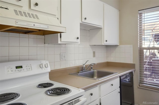 kitchen featuring black dishwasher, electric range, white cabinetry, and under cabinet range hood