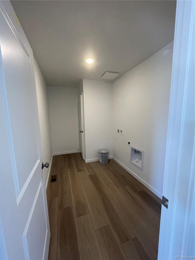 laundry room with washer hookup, wood finished floors, baseboards, hookup for an electric dryer, and laundry area