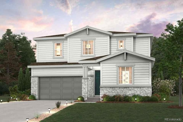 1320 Loraine Cir N, Lafayette, CO 80026 - traditional home with stone siding, a garage, concrete driveway, and a yard