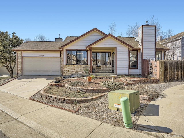 ranch-style home with a garage, driveway, a chimney, and fence