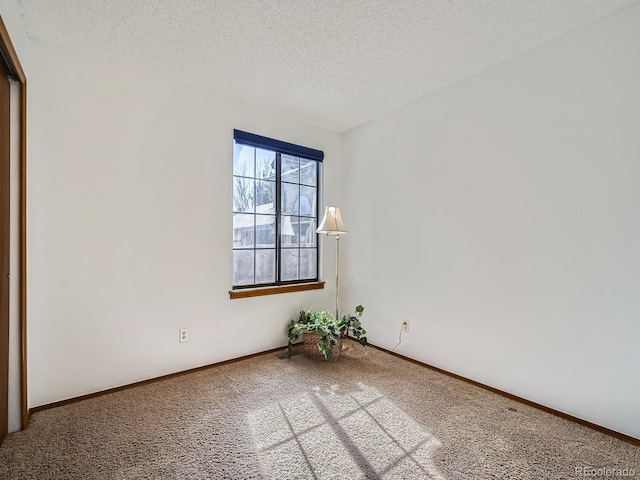 spare room with carpet floors, baseboards, and a textured ceiling