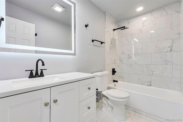 full bath featuring marble finish floor, a textured wall, toilet, vanity, and  shower combination