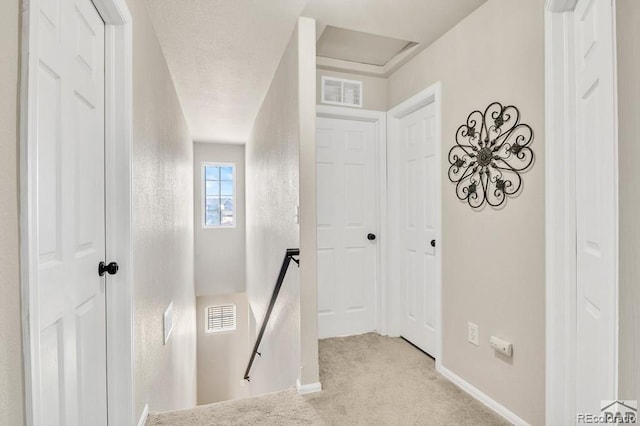 corridor with light colored carpet