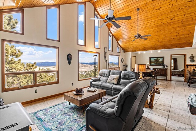 living room featuring light tile patterned floors, wood ceiling, baseboards, and high vaulted ceiling